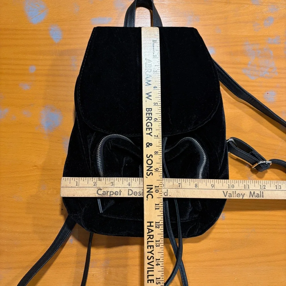 Y2K Black Velvet Backpack Drawstring Flap Metal Buckle Small Slouchy Goth Witchy